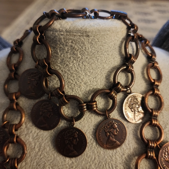 Vintage Copper Tone Foriegn Coin Charm Statement Necklace Bracelet Set Roman EUC - Picture 2 of 11